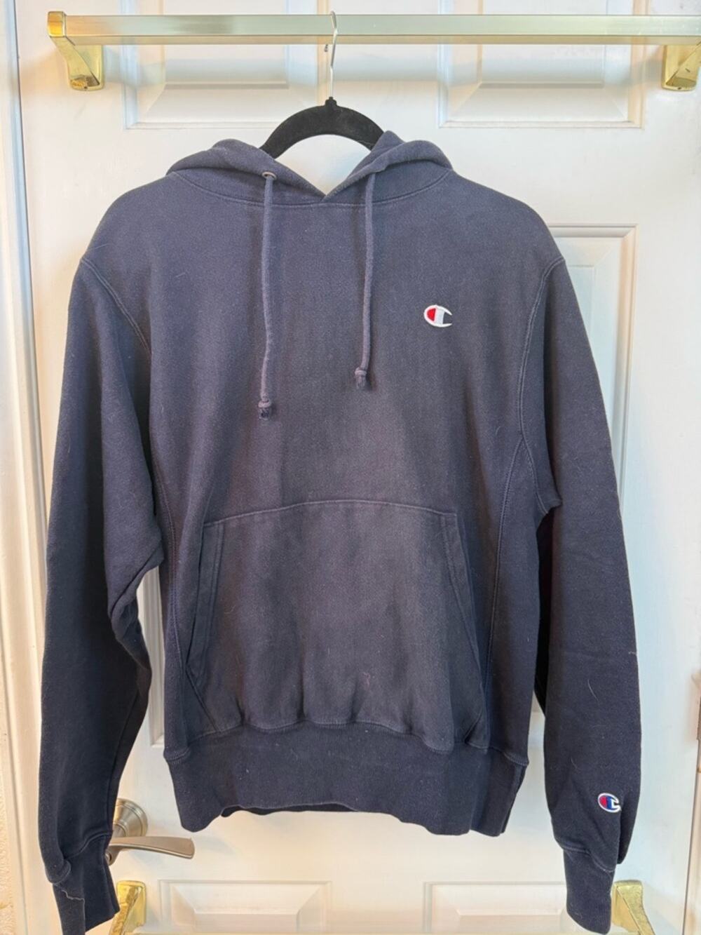 Champion Reverse Weave Navy Blue Pullover Hoodie with Logo